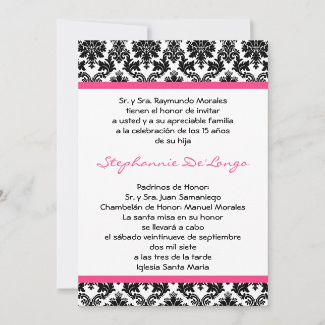 5x7 Hot rose noir Damask Quinceanera Invitation (Devant)