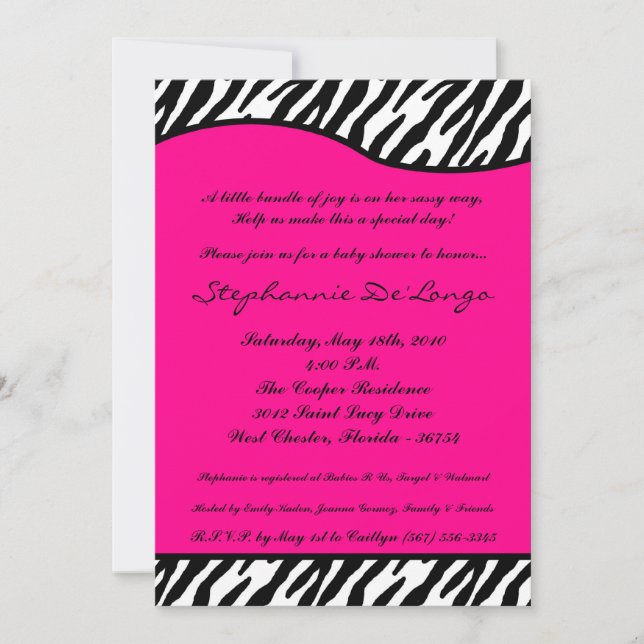 5x7 Hot rose Zebra Imprimer Baby shower Invitation (Devant)