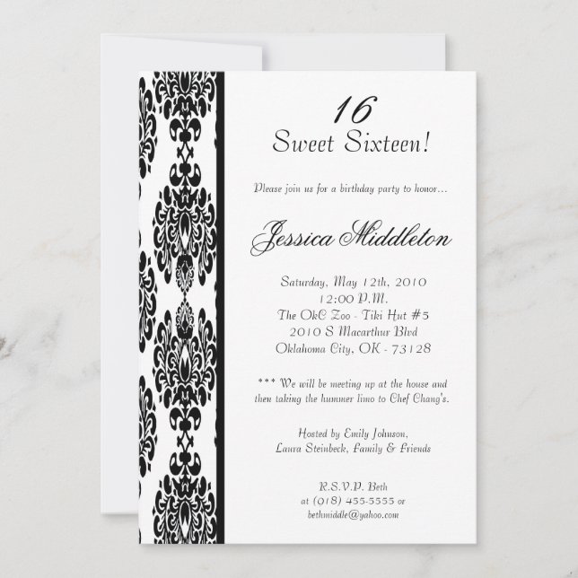 5x7 Invitation à la fête d'anniversaire des Damas  (Devant)