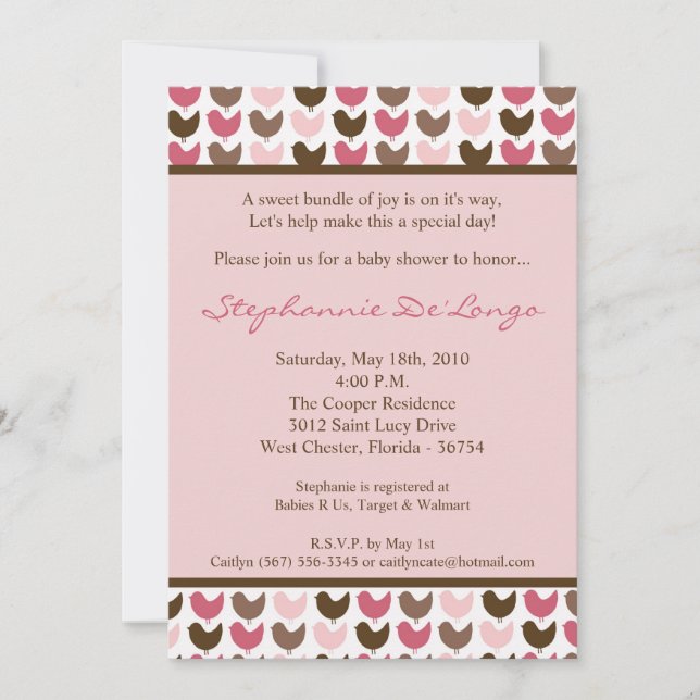 5x7 Invitation au Baby shower d'oiseaux rose et Br (Devant)
