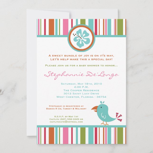 5x7 Invitation au Baby shower d'oiseaux tropicaux  (Devant)