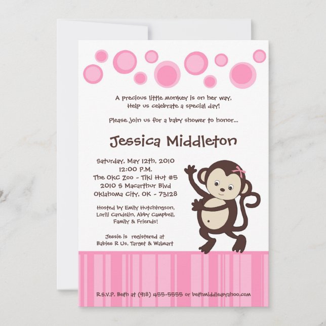 5x7 Invitation Baby shower de danse de singe rose  (Devant)