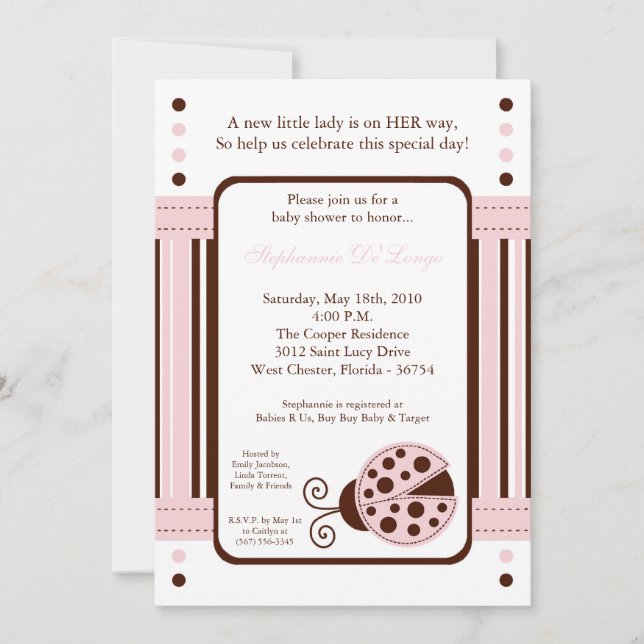 5x7 Invitation Baby shower de Mod Pink LadyBug (Devant)