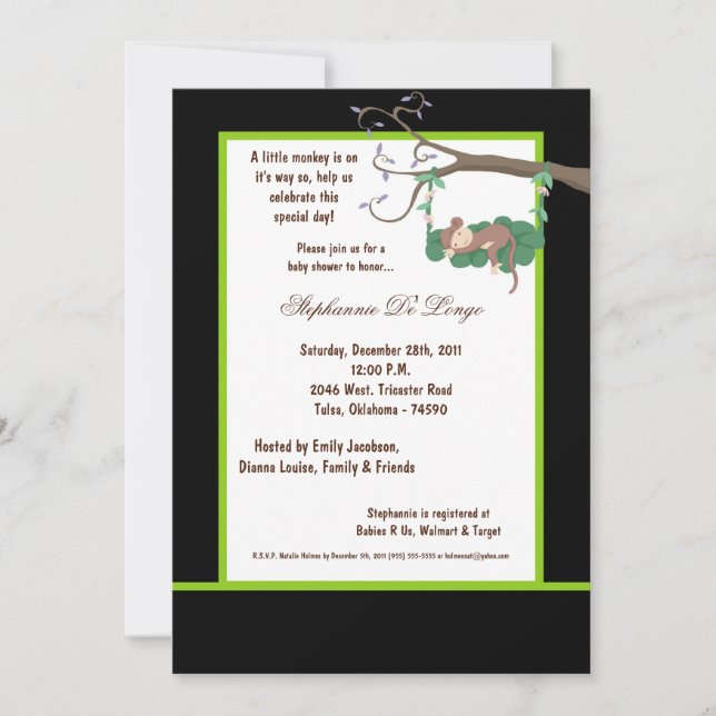 5x7 Invitation Baby shower de singe noir (Devant)