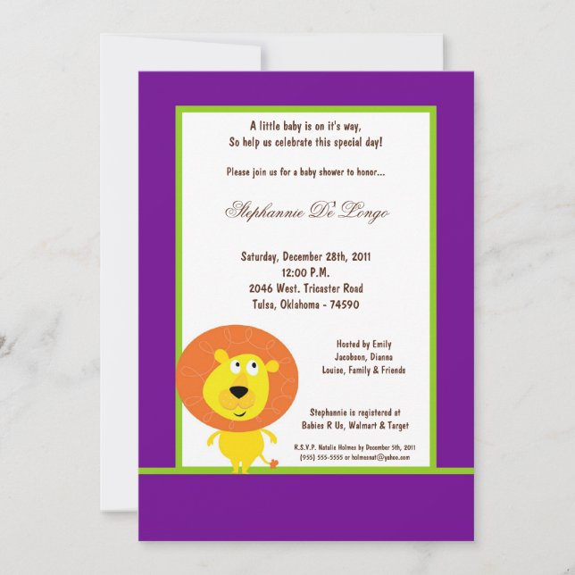 5x7 Invitation Baby shower Lion Violet (Devant)