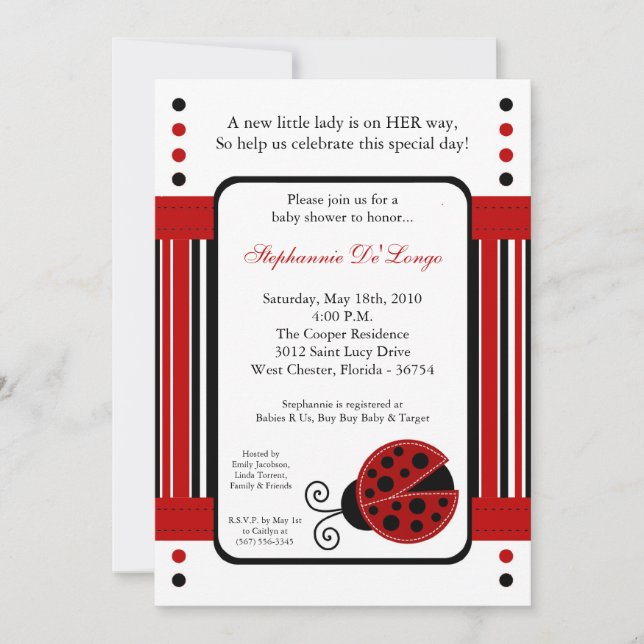 5x7 Invitation Baby shower moderne Mod Red LadyBug (Devant)