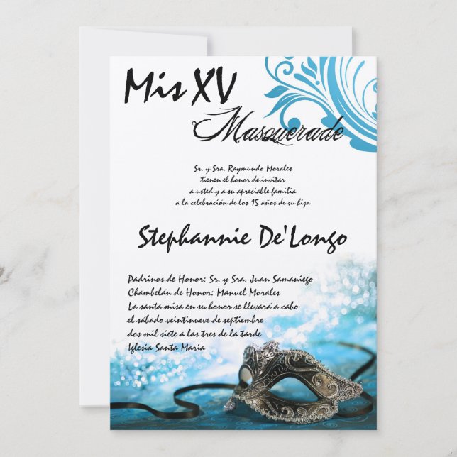 5x7 Invitation d'anniversaire Masquerade Quinceane (Devant)