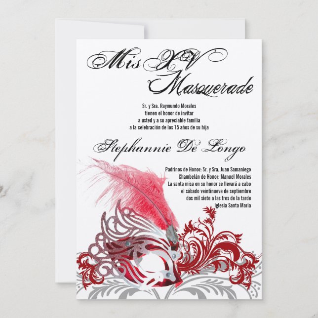 5x7 Invitation d'anniversaire Masquerade Quinceane (Devant)