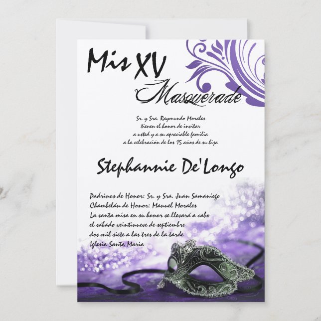 5x7 Invitation d'anniversaire Masquerade Quinceane (Devant)