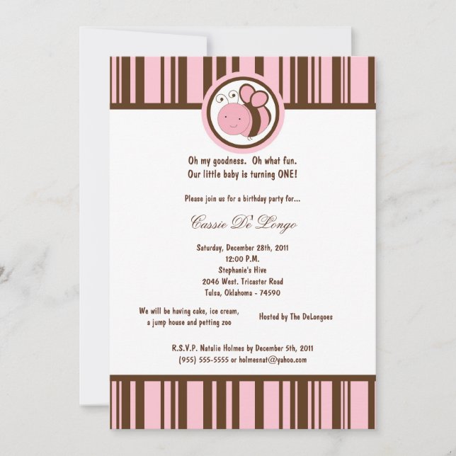 5x7 Invitation de fête d'anniversaire de l'abeille (Devant)