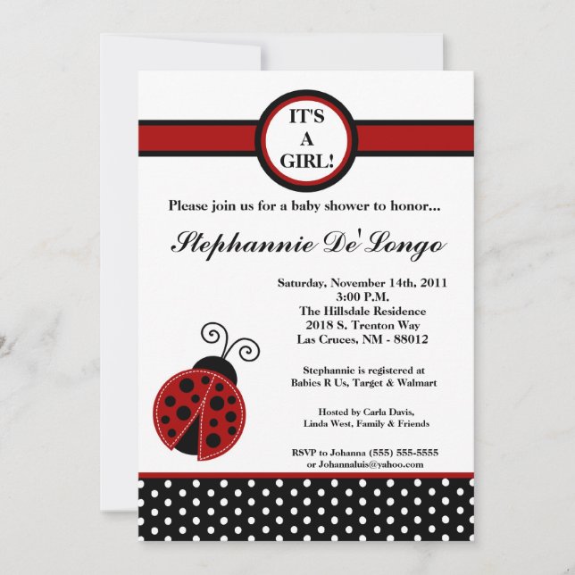 5x7 invitation rouge Girly de baby shower de (Devant)