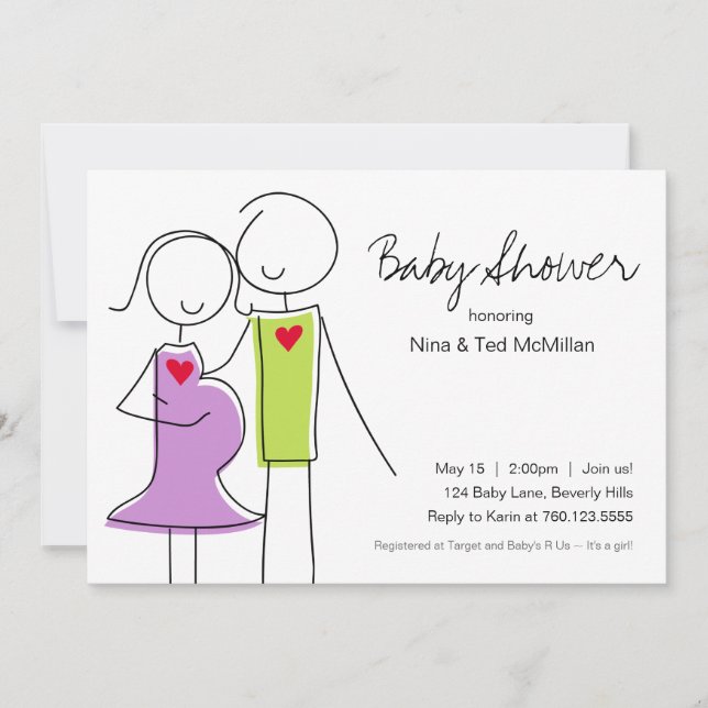 5x7 Invitations de douches pour bébés à code mauve (Devant)