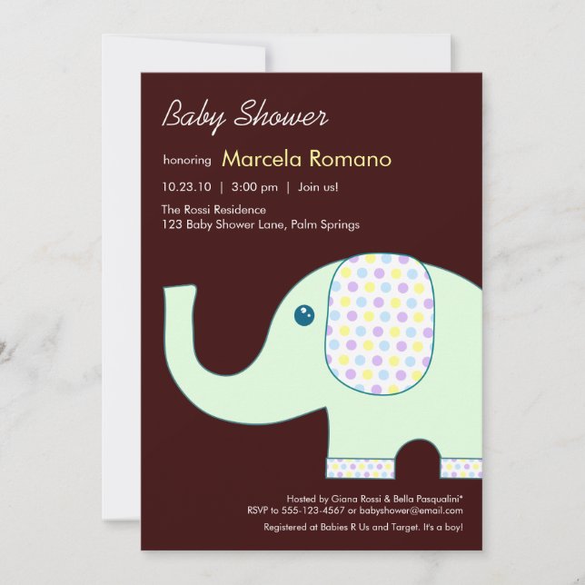 5x7 Invitations de douches pour bébés éléphants (Devant)
