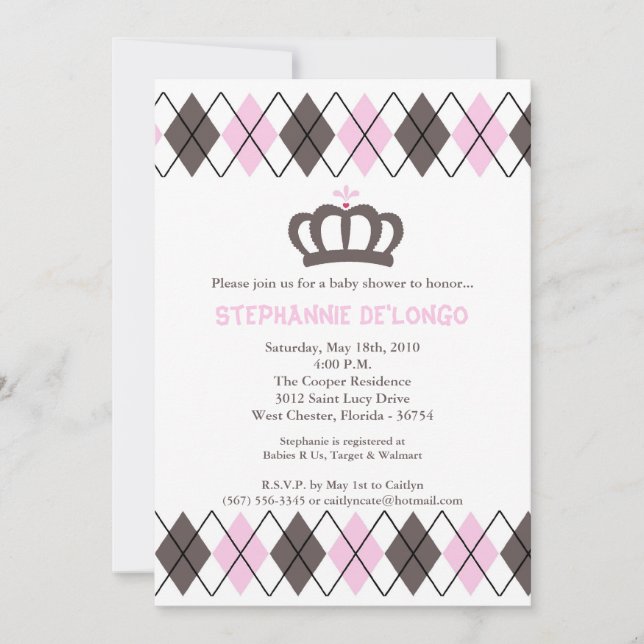 5x7 Jacquard rose gris Invitation Baby shower de l (Devant)