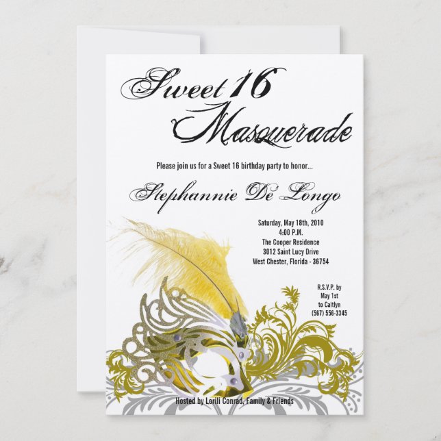 5x7 Jaune Masquerade Sweet 16 Invitation Anniversa (Devant)