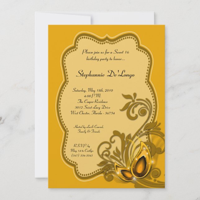 5x7 Jaune Masquerade Sweet 16 Invitation Anniversa (Devant)