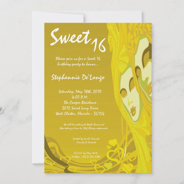 5x7 Jaune Masquerade Sweet 16 Invitation Anniversa (Devant)