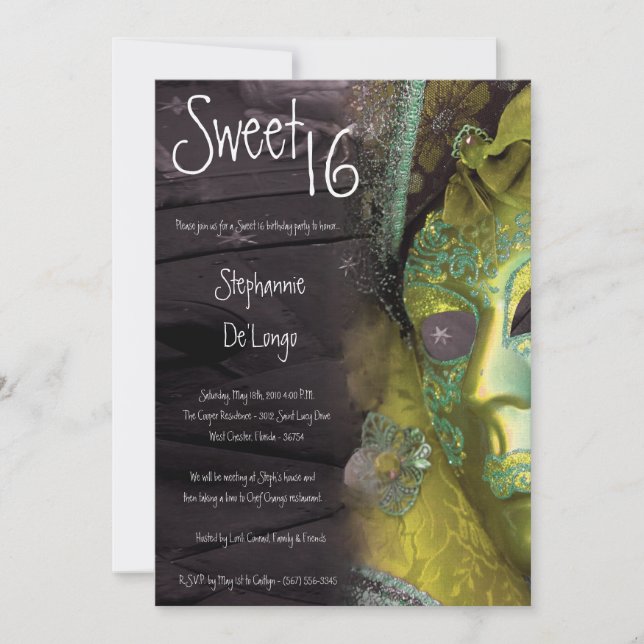 5x7 Jaune Masquerade Sweet 16 Invitation Anniversa (Devant)
