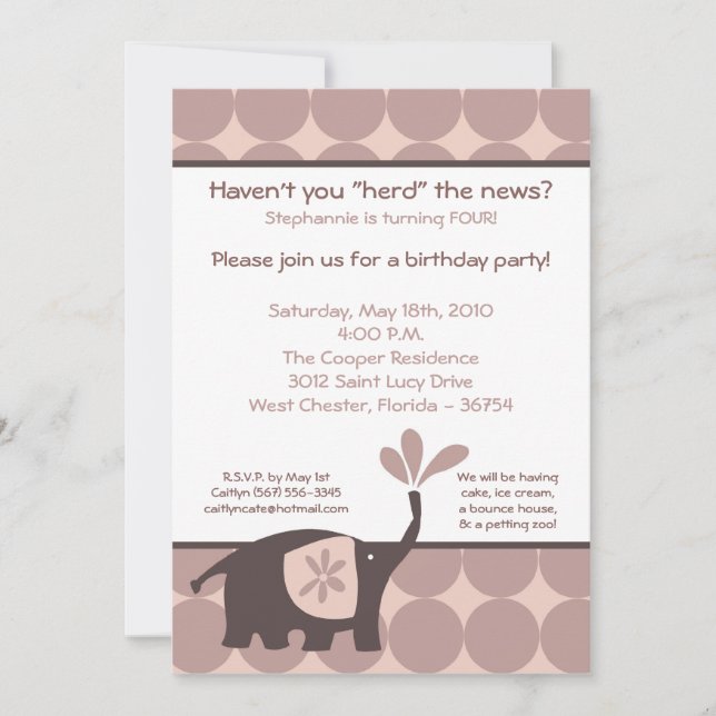 5x7 Jeune éléphant mauve Invitation à la fête d'an (Devant)