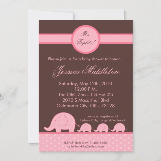 5x7 Jeunes filles Triplets Invitation Baby shower  (Devant)