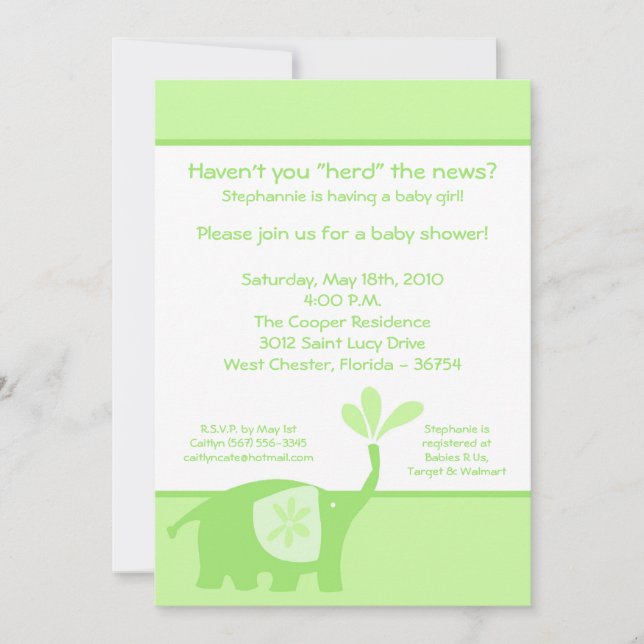 5x7 Jote Green Elephant Baby shower Invitation (Devant)