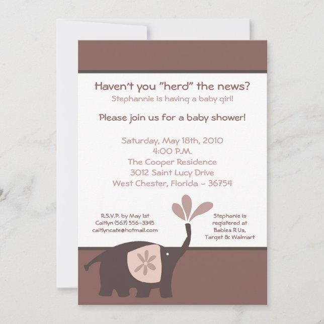 5x7 Jote Purple Elephant Baby shower Invitation (Devant)