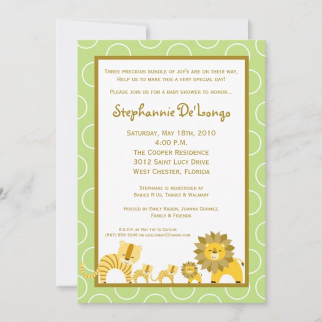 5x7 Jungle Boy Gir TRIPLETS Baby shower Invitation (Devant)
