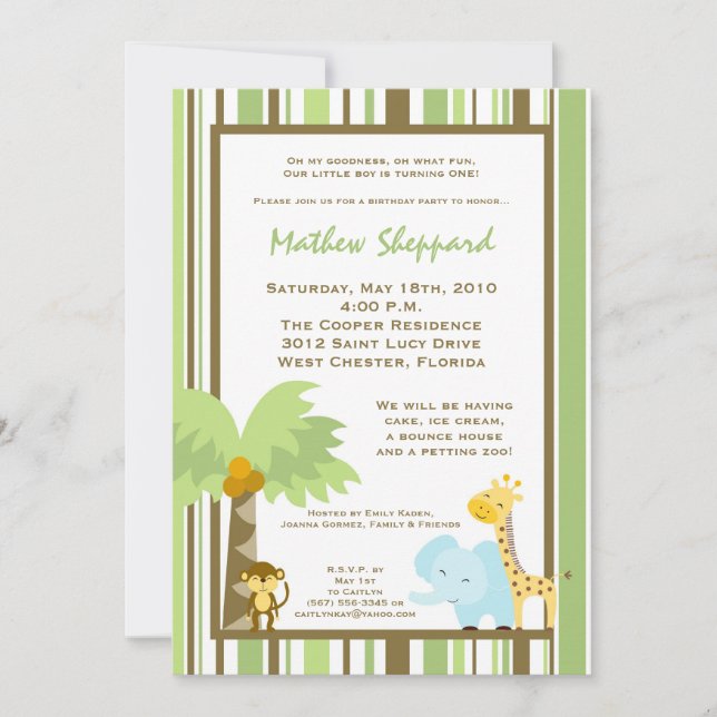 5x7 Jungle Safari Animaux Anniversaire Invitation (Devant)