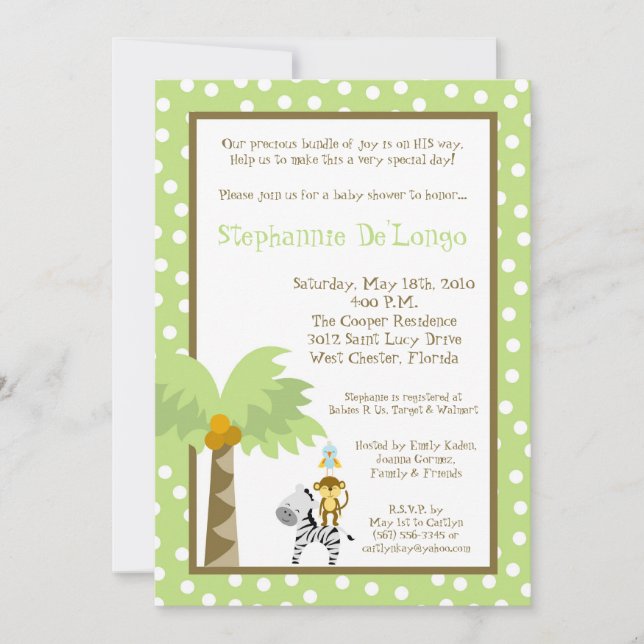 5x7 Jungle Safari Invitation Baby shower animal (Devant)