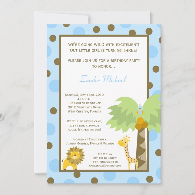 5x7 Jungle Safari Zoo Animaux Invitation Anniversa (Devant)