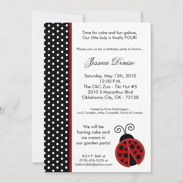5x7 Lady Bug Black Polka Invitation à la fête d'an (Devant)