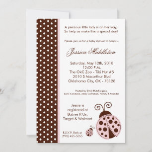 5x7 Lady Bug Pink PolkaDot Baby shower Invitation