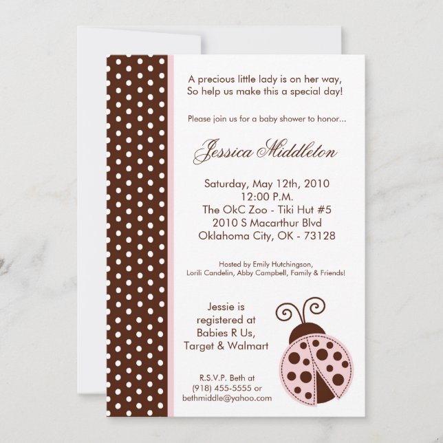 5x7 Lady Bug Pink PolkaDot Invitation Baby shower (Devant)