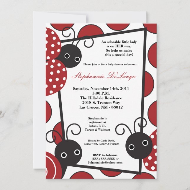 5x7 Lady Bug Spring Insect Invitation Baby shower (Devant)