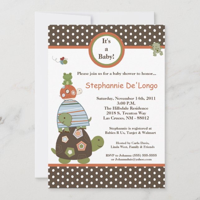 5x7 Laguna Turtle Frog Bee Baby shower Invitation (Devant)