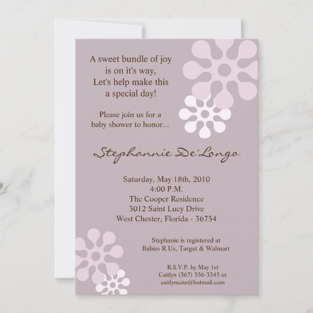 5x7 Lavender Purple Flower Baby shower Invitation (Devant)