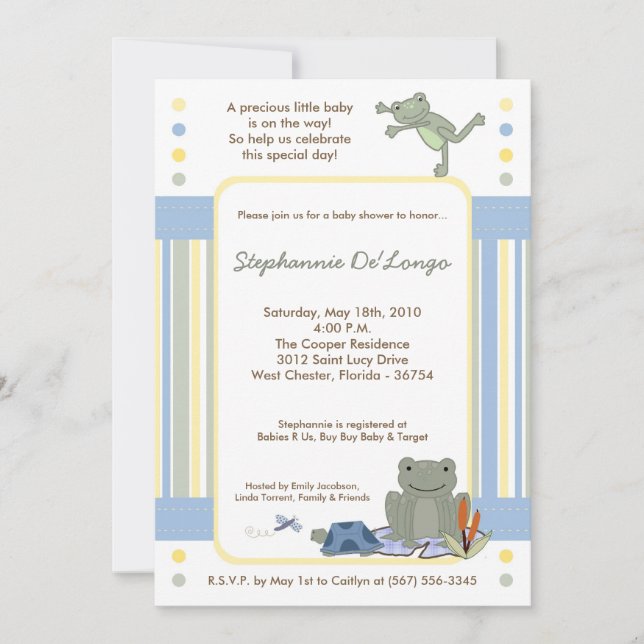 5x7 Leap Frog Turtle Bee Baby shower Invitation (Devant)
