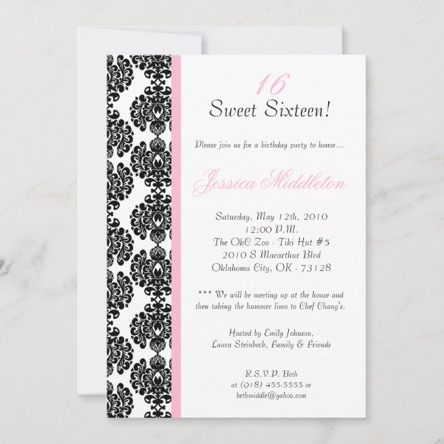 5x7 Light Pink Damask Invitation à la fête d'anniv (Devant)