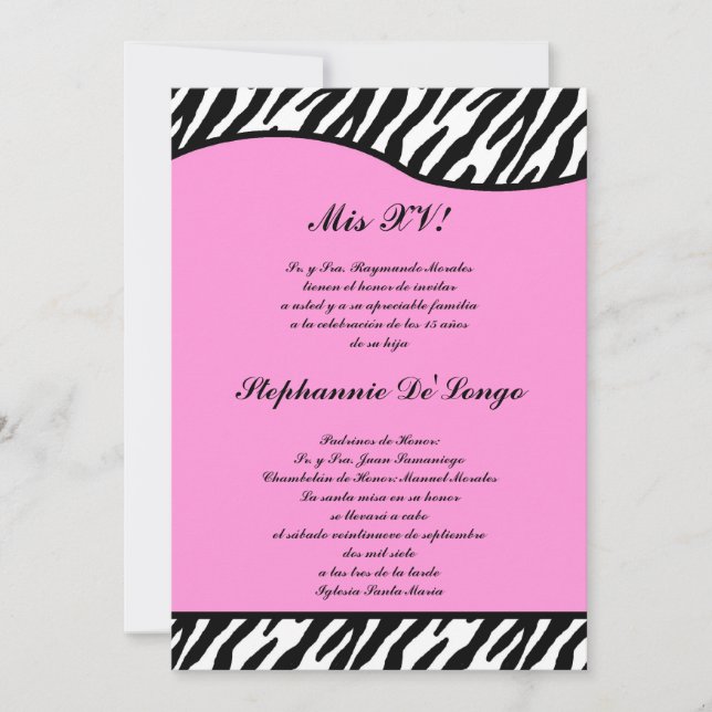 5x7 Light Pink Zebra Quinceanera Invitation de la  (Devant)
