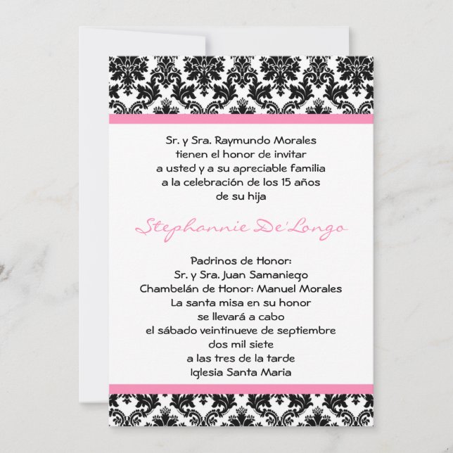 5x7 Light Rose Damask Quinceanera Invitation (Devant)