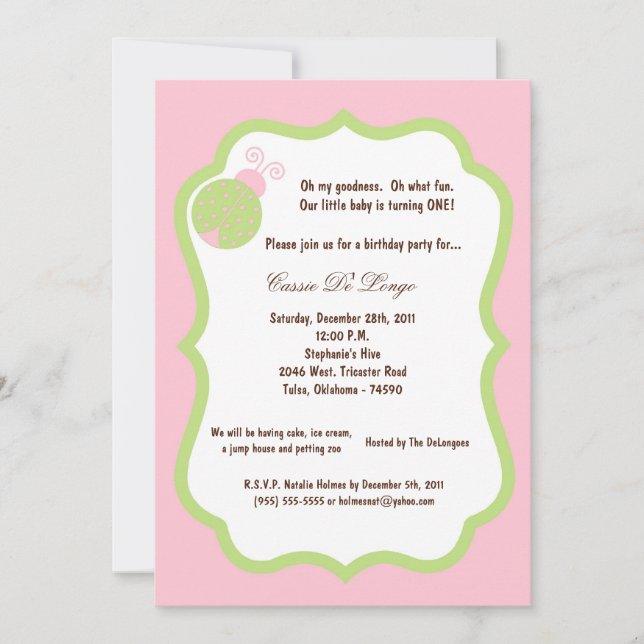 5x7 Light Rose Lady Bug Anniversaire Invitation de (Devant)