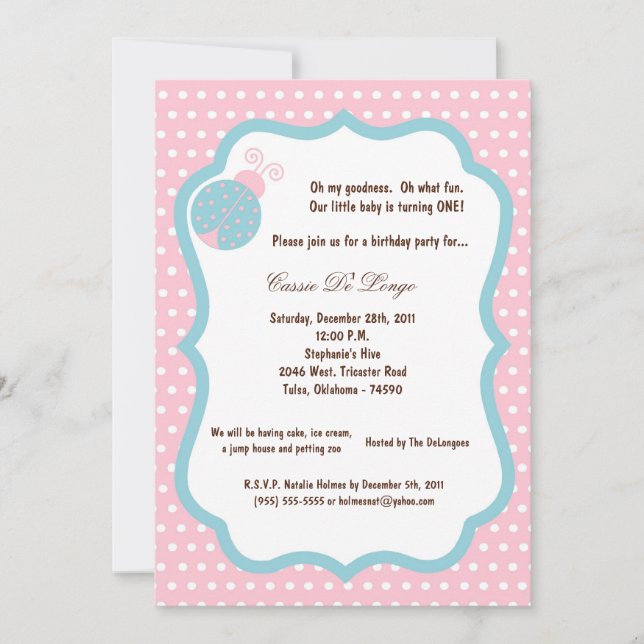 5x7 Light Rose Lady Bug Anniversaire Invitation de (Devant)