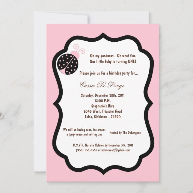 5x7 Light Rose Lady Bug Anniversaire Invitation de (Devant)