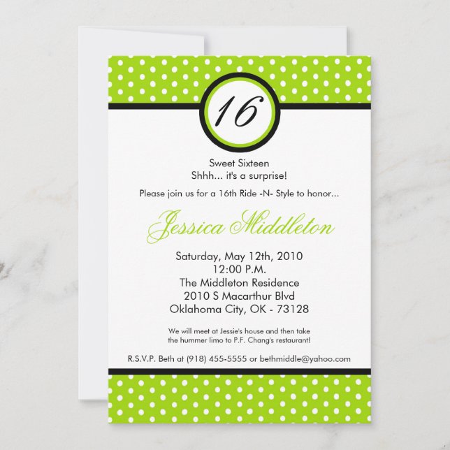 5x7 Lime White Polka Dot 16e Invitation anniversai (Devant)