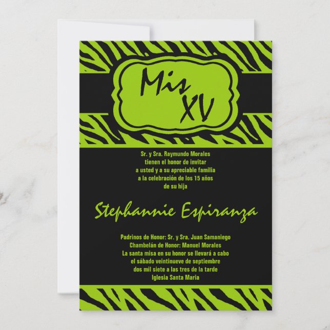 5x7 Lime Zebra Imprimer Quinceanera 15 Invitation (Devant)