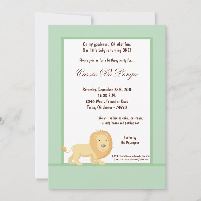 5x7 Lion bleu/vert Invitation de fête d'anniversai (Devant)