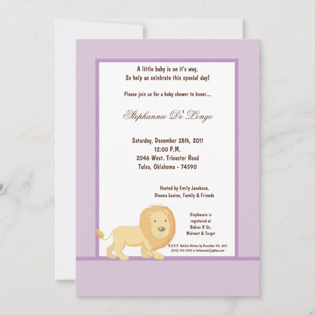 5x7 Lion violet clair Baby shower Invitation (Devant)