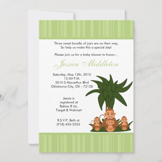 5x7 Mama et TRIPLET Monke Baby shower Invitation (Devant)