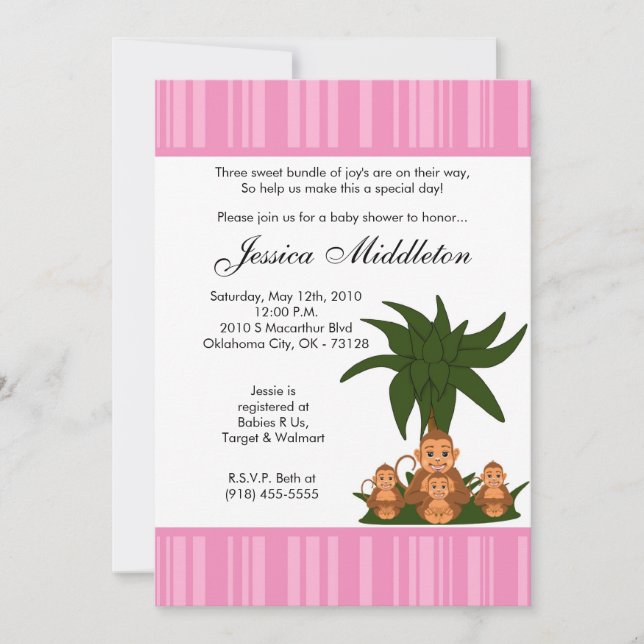 5x7 Mama et TRIPLET Monke Baby shower Invitation (Devant)