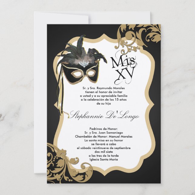 5x7 Mascarade noire Invitation Quinceanera (Devant)